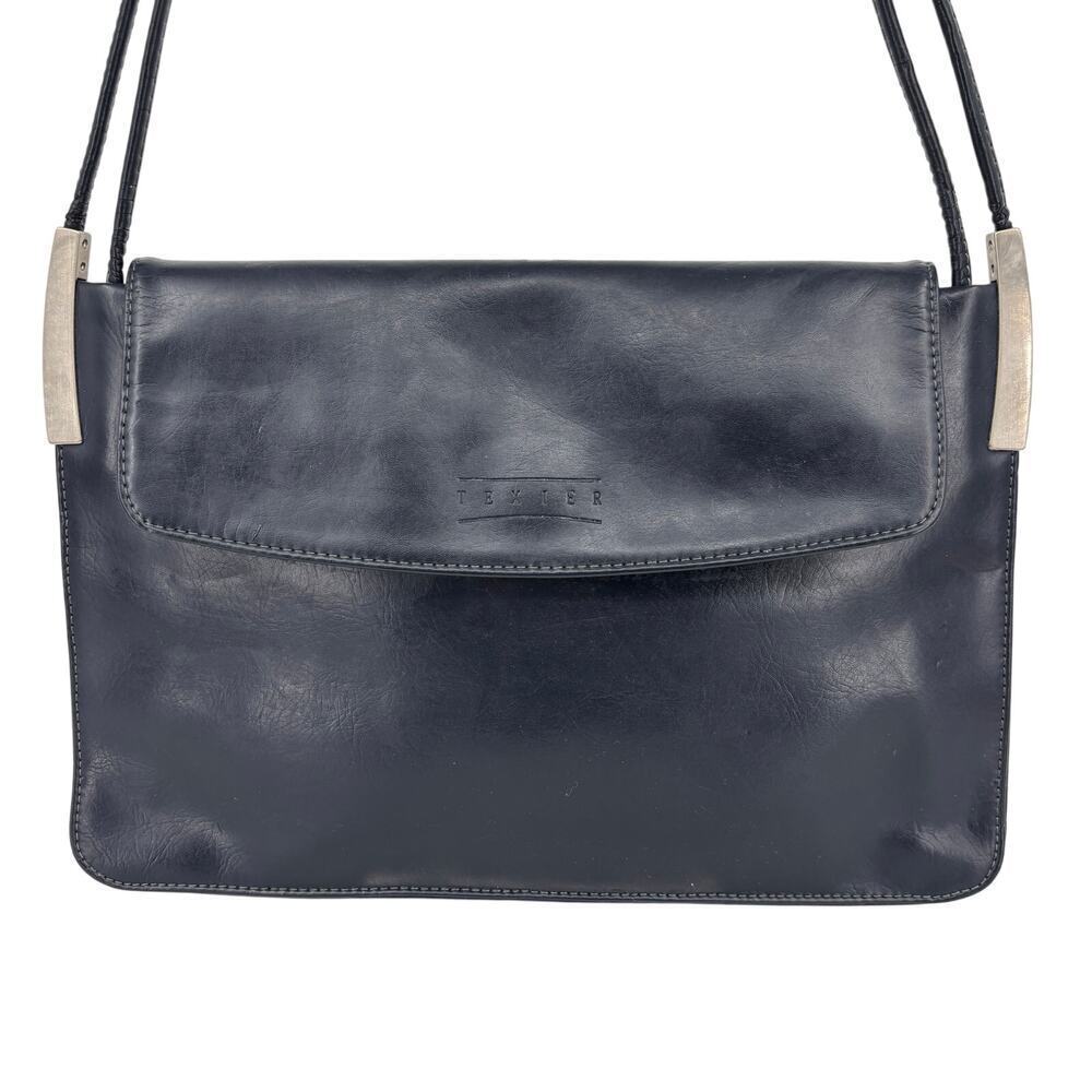 Texier Leather Handbag Navy Blue Double Shoulder Strap Magnetic Flap Closure Bag